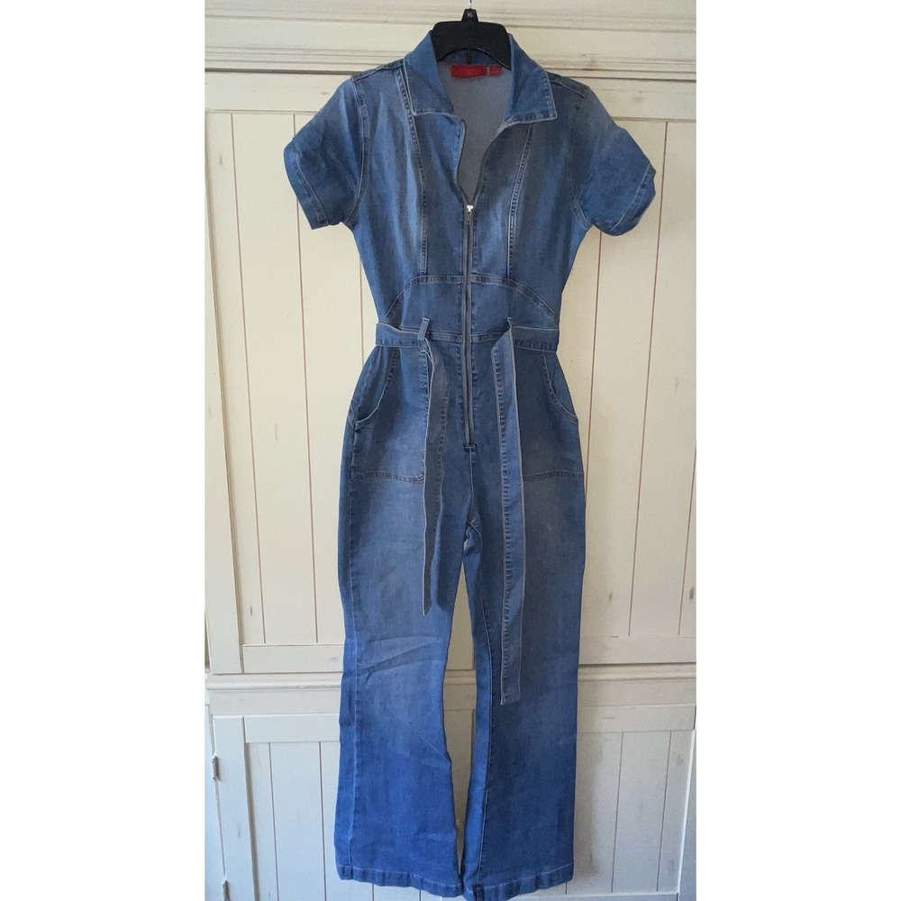 JENNIFER LOPEZ Women's Blue Denim Y2K Streetwear Half-Zip Belted Jumpsuit Sz‎ Sm